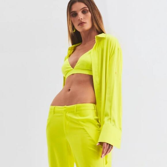 Ser.O.Ya Retrofête Silk Button Down Shirt Neon Lime XS - Picture 2 of 12